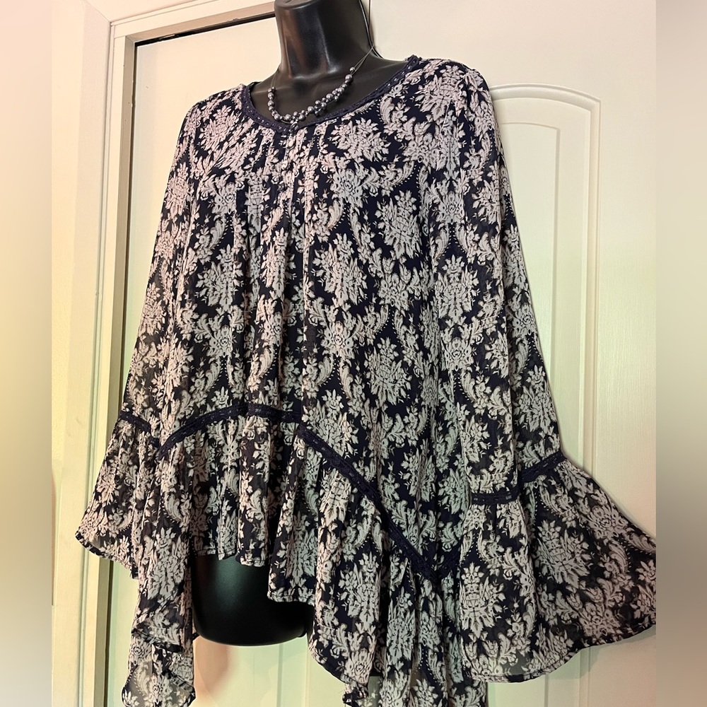 Summery Boho Navy, Cream and White Blouse with Lace Detail